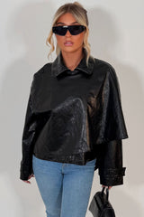 womens black faux leather jacket with scarf detail styledup uk