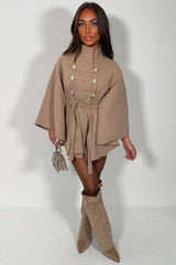 womens taupe cape with belt christmas day outfit