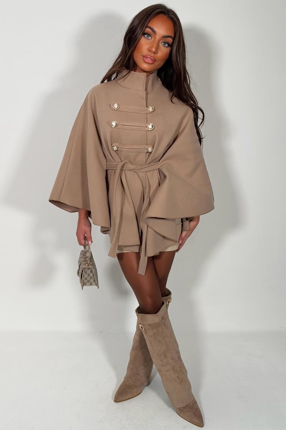 taupe cape with poncho dressy christmas day outfit