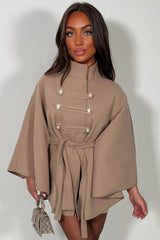 womens taupe cape with belt and button fastening christmas day outfit styledup