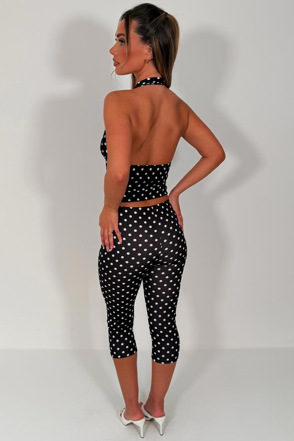 polka dot backless halter neck crop top and capri pants two piece outfit going out summer holiday party outfit set styledup white fox