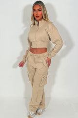 womens crop zip through sweatshirt and cargo joggers two piece co ord lounge set casual daily comfy outfit styledup