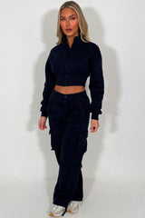 womens crop zip through sweatshirt and cargo joggers two piece co ord lounge set casual daily comfy outfit styledup