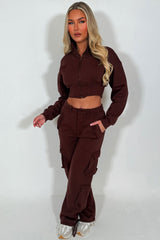 cargo joggers and crop sweatshirt loungewear co ord set for womens casual outfit for winter spring 