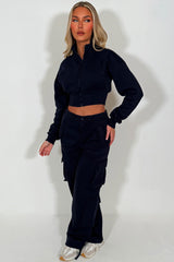 cargo joggers and crop sweatshirt loungewear co ord set for womens casual outfit for winter spring 