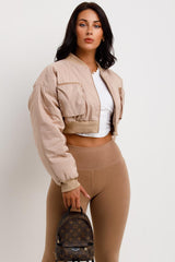 womens beige crop bomber jacket with pockets festival rave jacket outerwear