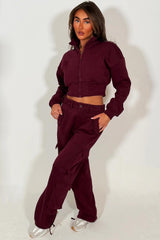 womens cargo joggers and crop zip up sweatshirt two piece lounge set burgundy styledup