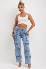 womens high waist multiple pocket cargo jeans 