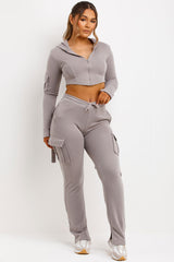 grey corset hoodie and cargo joggers with v cut waist ruched bum bad society club