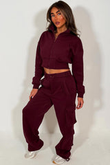womens cargo joggers and zip through crop sweatshirt two piece loungewear co ord set burgundy styledup