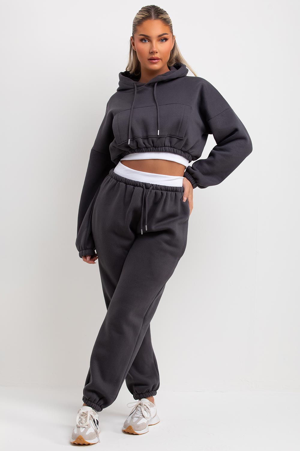 womens crop hoodie and joggers set tracksuit co ord charcoal grey