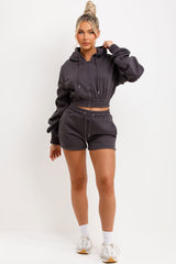 womens runner shorts and crop zip hoodie with ruched sleeves two piece tracksuit set for summer