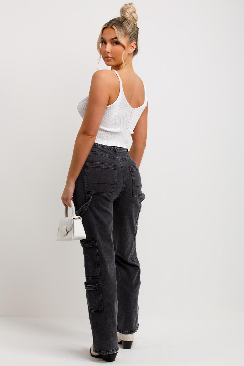 womens cargo jeans with pockets straight leg 