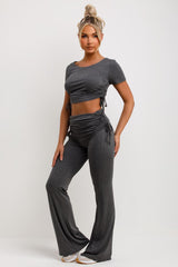 ruched side fold detail flare trousers and crop top co ord set casual outfit womens