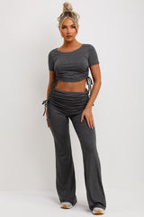 ruched side crop top flare trousers with fold detail two piece casual outfit
