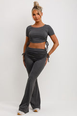 womens ruched side crop top and fold detail flare trousers two piece set 