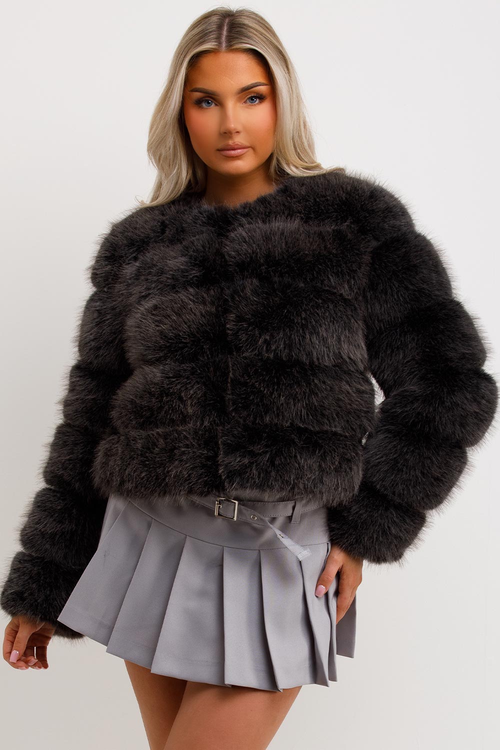 faux fur bubble coat cropped charcoal grey