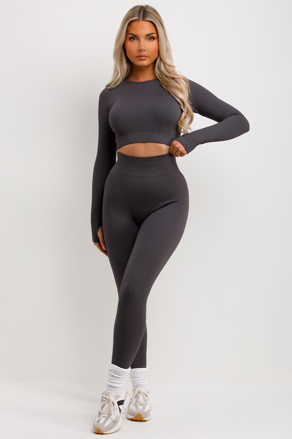 womens tracksuit rib leggings and top two piece gym wear set