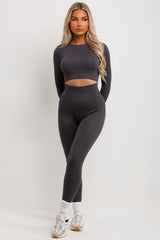 womens tracksuit high waist rib leggings and top set charcoal grey
