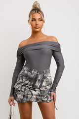 long sleeve off shoulder bodysuit top grey