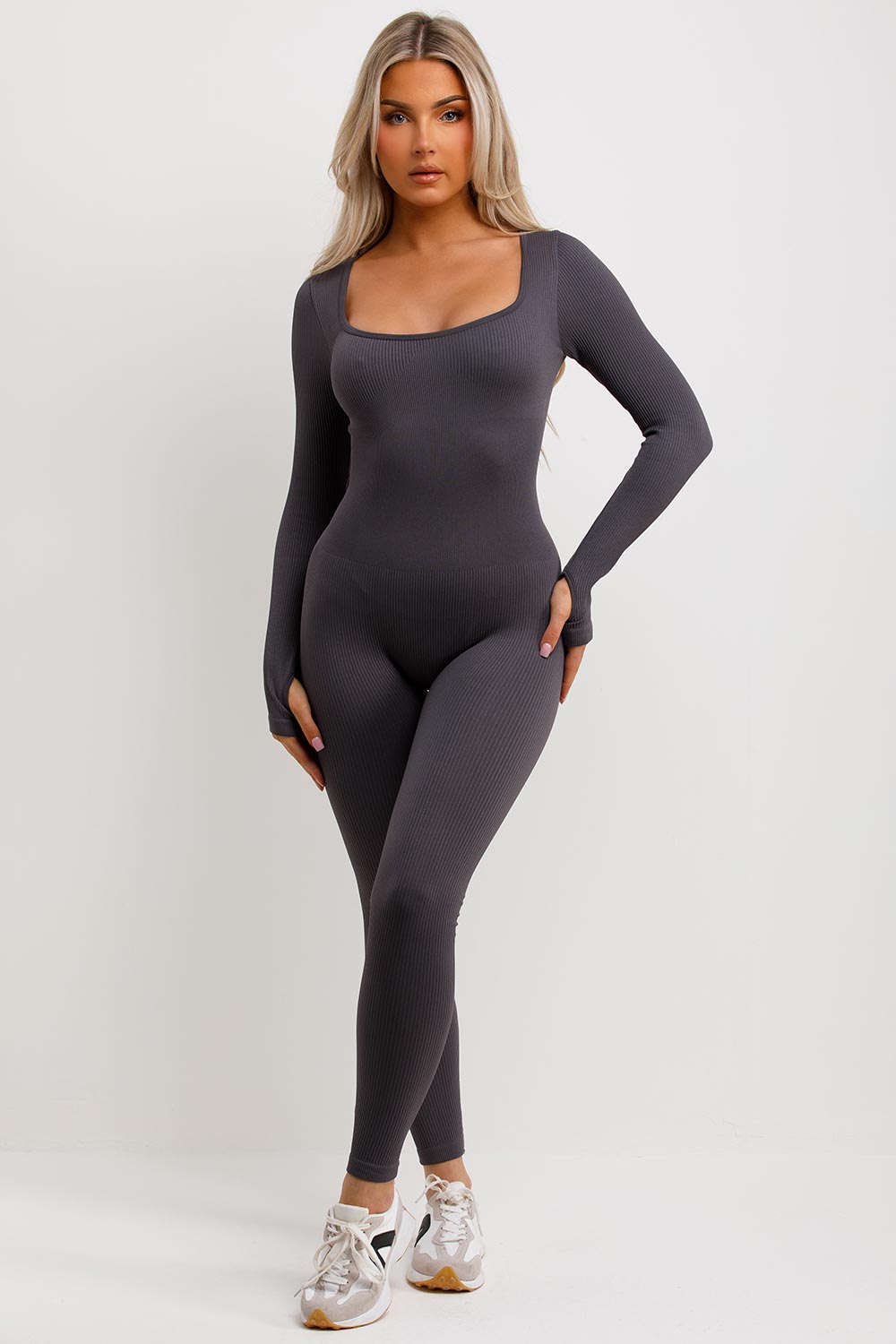 Women's Rib Jumpsuit Long Sleeves Structured Contour Unitard Black