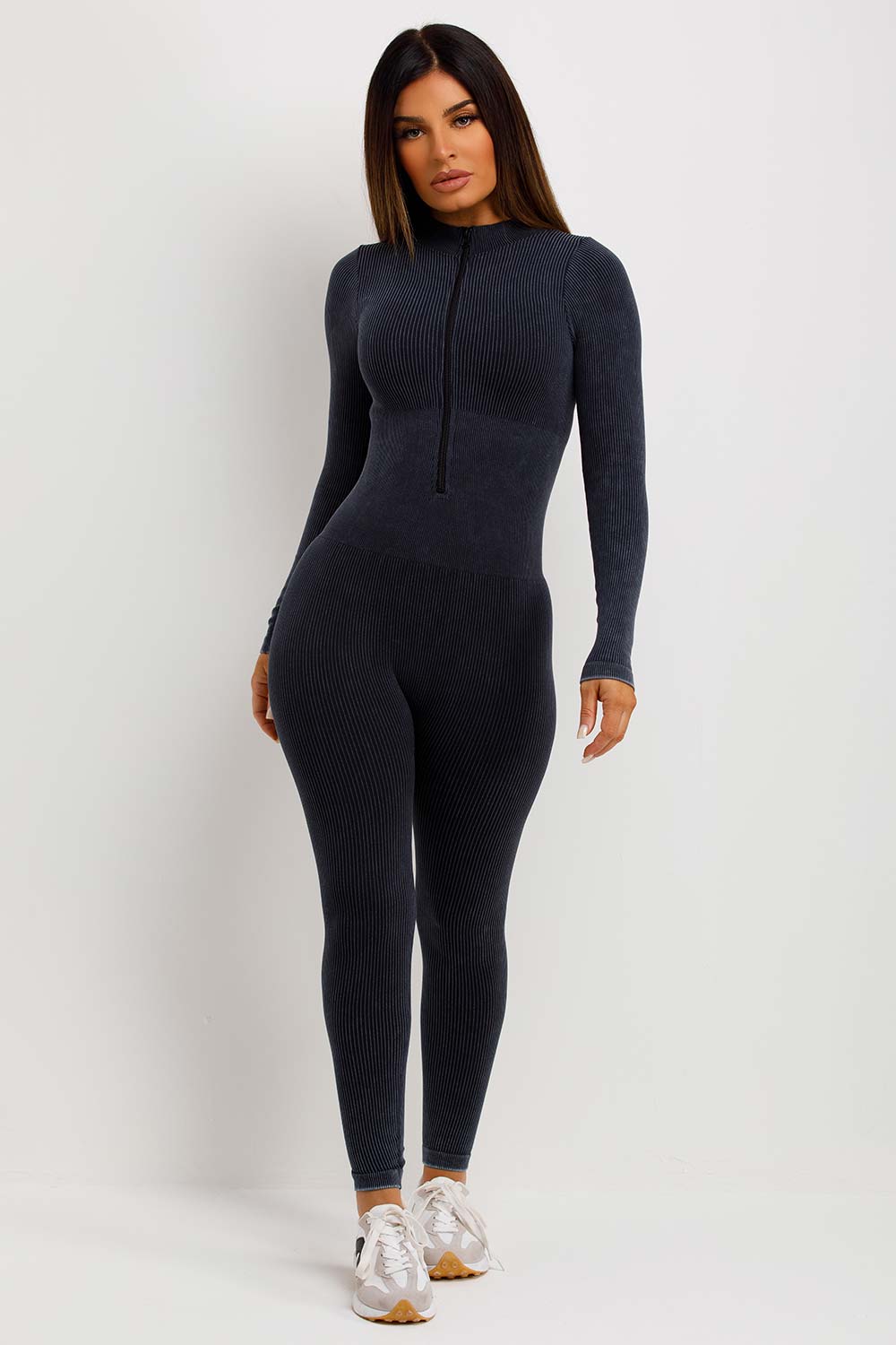 womens rib long sleeve jumpsuit with zip front structured contour unitard