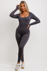 charcoal square neck contour rib long sleeve jumpsuit with ruched scrunch bum
