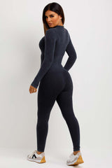 structured contour rib long sleeve jumpsuit unitard with zip front