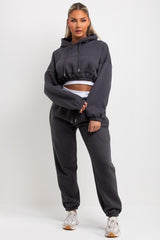 womens tracksuit crop hoodie and joggers set charcoal grey