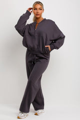 zara womens drop shoulder bomber sweatshirt with zip and straight leg joggers tracksuit set loungewear