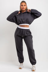 womens crop hoodie and joggers set charcoal grey