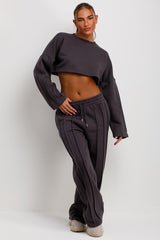 womens crop tracksuit wide leg joggers and sweatshirt co ord set