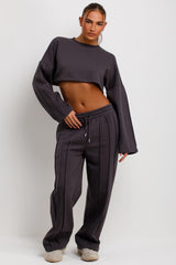 womens crop sweatshirt and seam detail wide leg joggers co ord tracksuit
