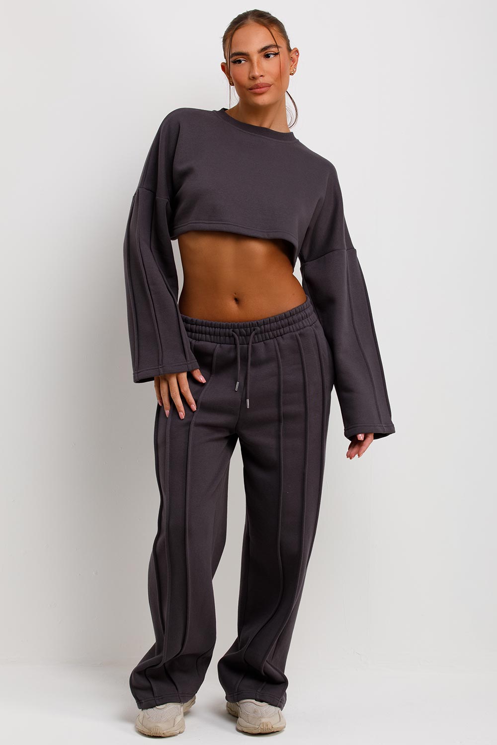 crop sweatshirt and wide leg joggers with seam detail tracksuit co ord set