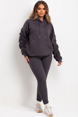 womens hooded sweatshirt with ruched sleeves and leggings loungewear set charcoal