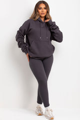 womens ruched sleeve hoodie and leggings two piece loungewear set 