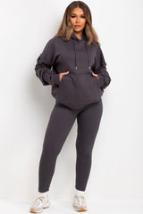 womens oversized hoodie with ruched gathered sleeves and leggings two piece matching loungewear set charcoal