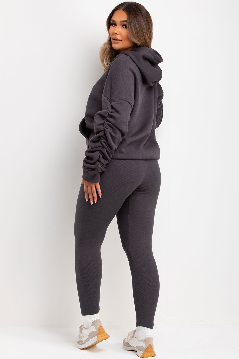 womens ruched sleeve hooded sweatshirt and leggings loungewear co ord 