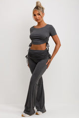 womens ruched side fold detail flare trousers and crop top co ord set