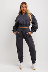 womens crop tracksuit tiktok ruched hoodie and joggers two piece set