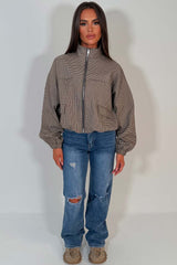 womens checkered bomber jacket with funnel neck 