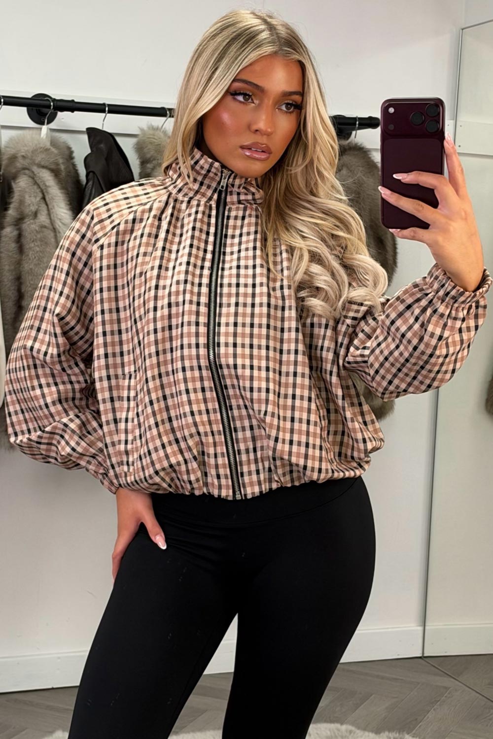 womens long sleeve funnel neck brown checked windbreaker jacket styledup uk