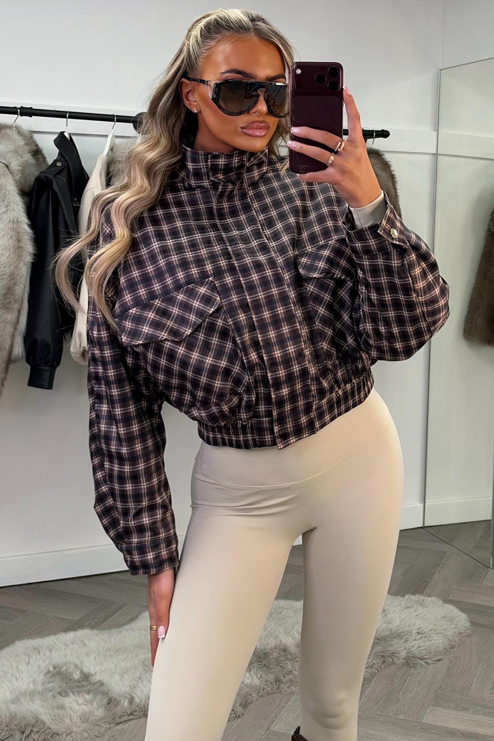 womens brown long sleeve oversized check bomber jacket styledup uk