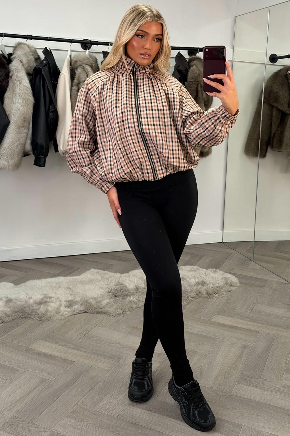 brown funnel neck jacket with cinched waist womens uk