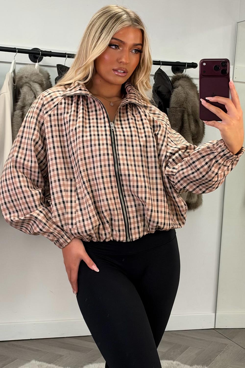 womens cernucci funnel neck check jacket uk styledup