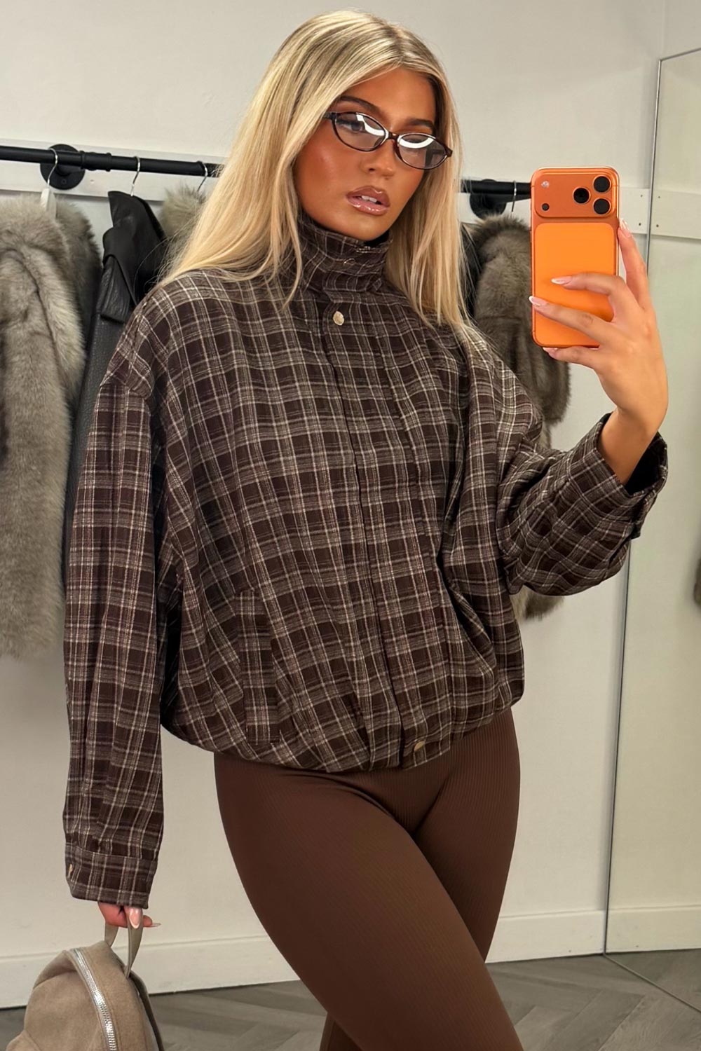 womens long sleeve oversized check bomber jacket styledup uk