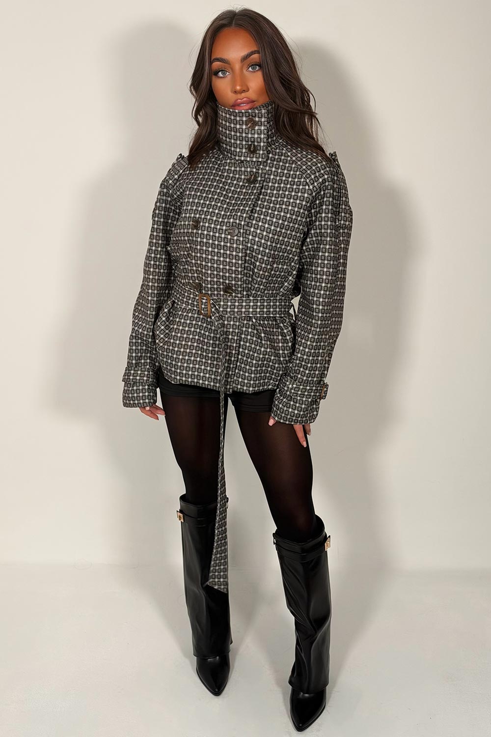 funnel neck trench jacket check print grey styledup uk