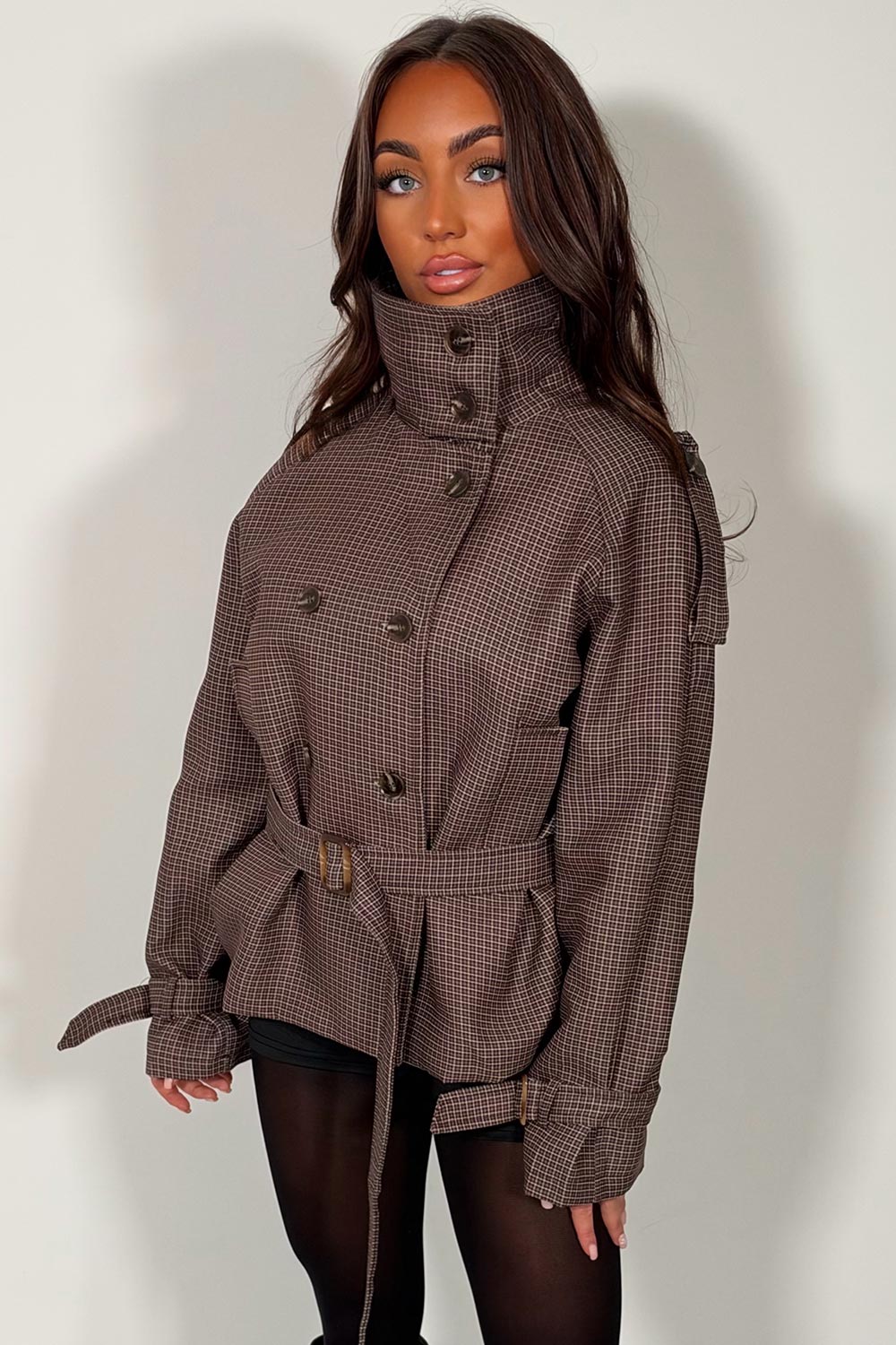 womens zara check print trench jacket with belt cropped styledup uk