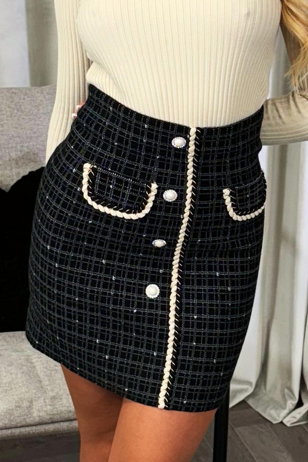 knitted mini checkered skirt with button embellishment