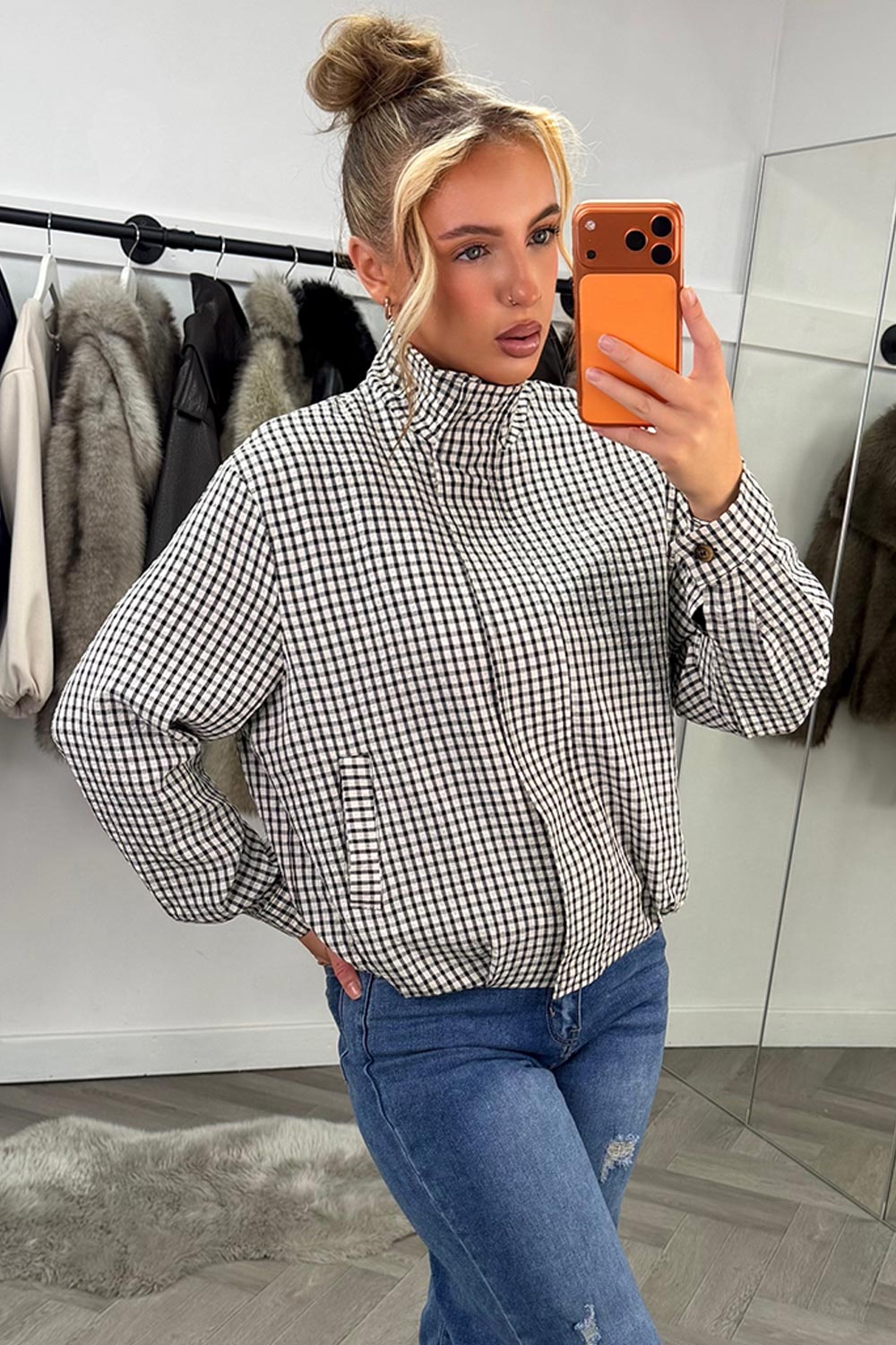 zara womens oversized check print bomber jacket with long sleeves